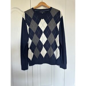Tommy Hilfiger Sweater V-Neck Mens Large Blue Knit Argyle Long Sleeve Preppy